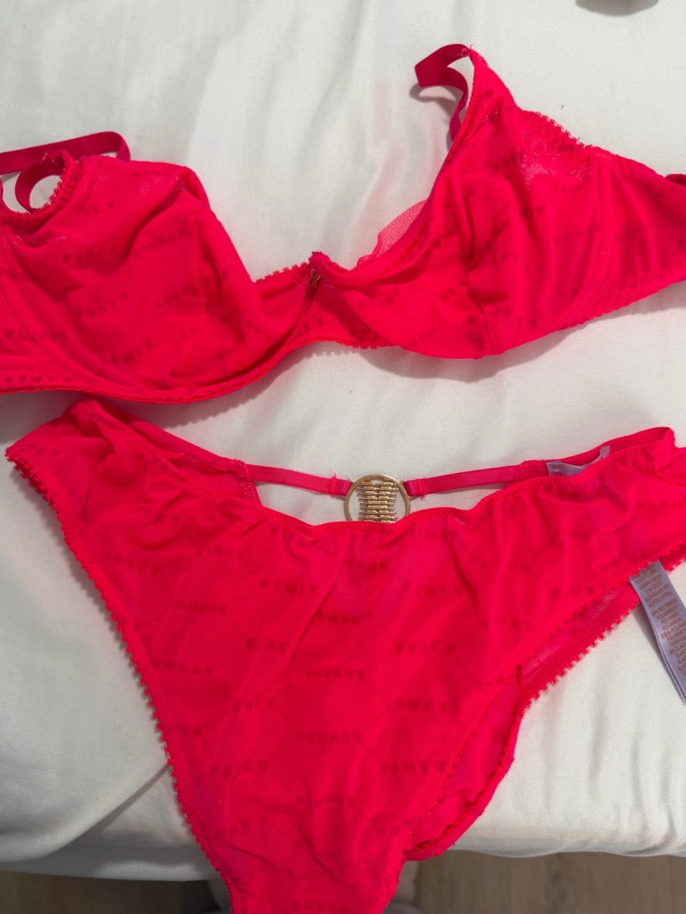 Savage X Fenty Neon Pink Underwire Bra & Bikini Set with Gold Accent